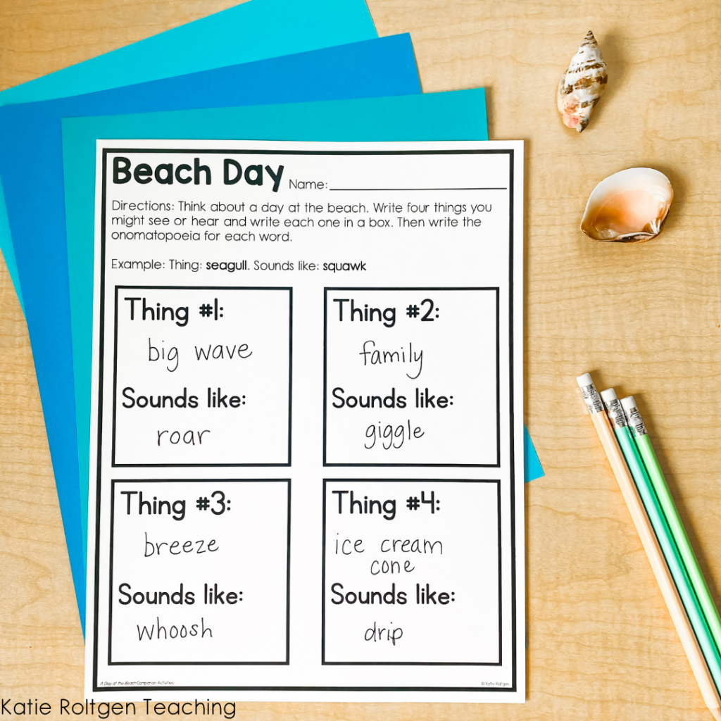 A Day at the Beach, onomatopoeia lesson ideas for first grade
