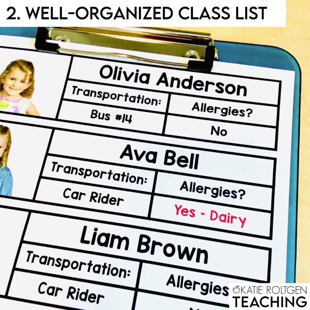 prepare a well organized class list that includes pertinent information to prepare for day one of kindergarten
